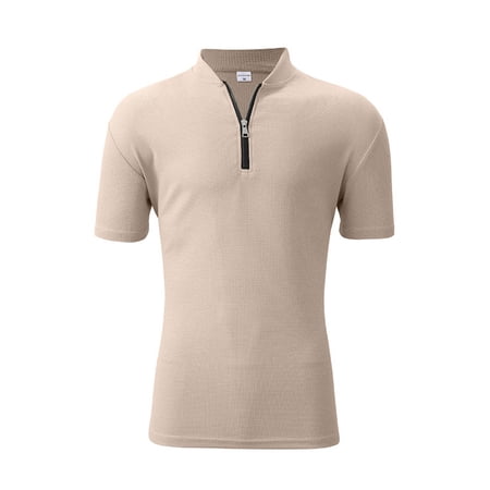 VSSSJ Men s Short Sleeve Golf Shirts Quarter-Zip Casual Waffle Workout Tee Tops Slim Fit Breathable Mock Neck Athletic Basic T-Shirts Khaki L