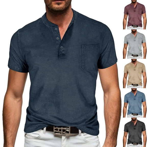 Men's Henley Short Sleeve Shirt Moisture Wicking Lightweight Cotton T-Shirts Casual Summer Basic Tee Shirt with Pocket Size M-3XL Wine