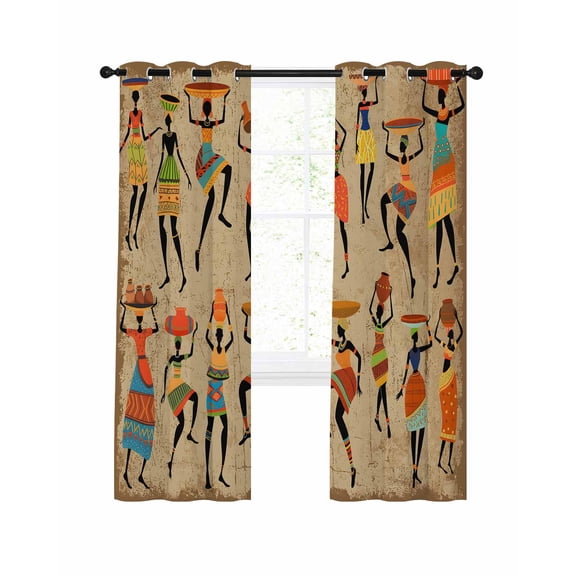 Brown Boho Blackout Curtains, Light Blocking Print Window Curtains, Farmhouse Vintage Ethnic African Women Thermal Insulated Window Drapes for Living Room Kitchen Cafe 2 Panels, 104"W x 84"L