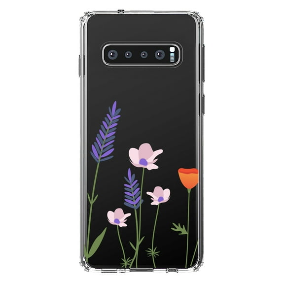 DistinctInk Clear Shockproof Hybrid Case for Samsung Galaxy S10  PLUS (6.4" Screen) - TPU Bumper Acrylic Back Tempered Glass Screen Protector - Wildflowers Blue Purple Pink