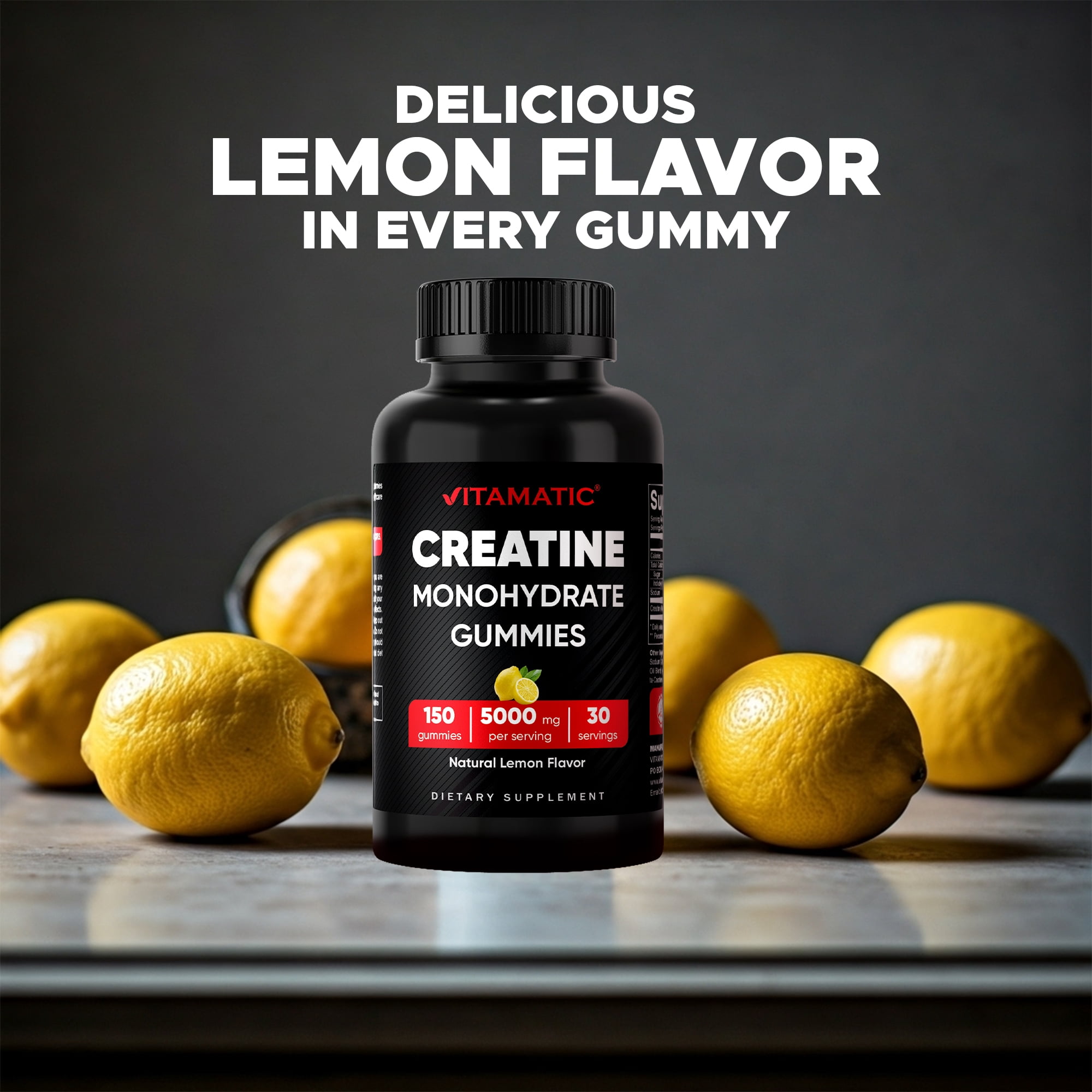 Vitamatic Creatine Gummies 5000mg per Serving Natural Lemon Flavor – 150 Gummies – Creatine Monohydrate for Muscle Strength, Energy & Recovery – Non-GMO, Gluten-Free