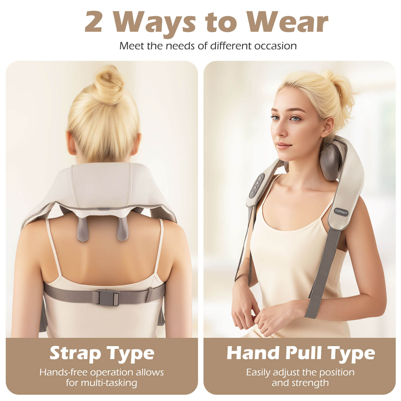 Costway Neck Shoulder Massager with 2 Heating Levels & Adjustable Intensity Beige