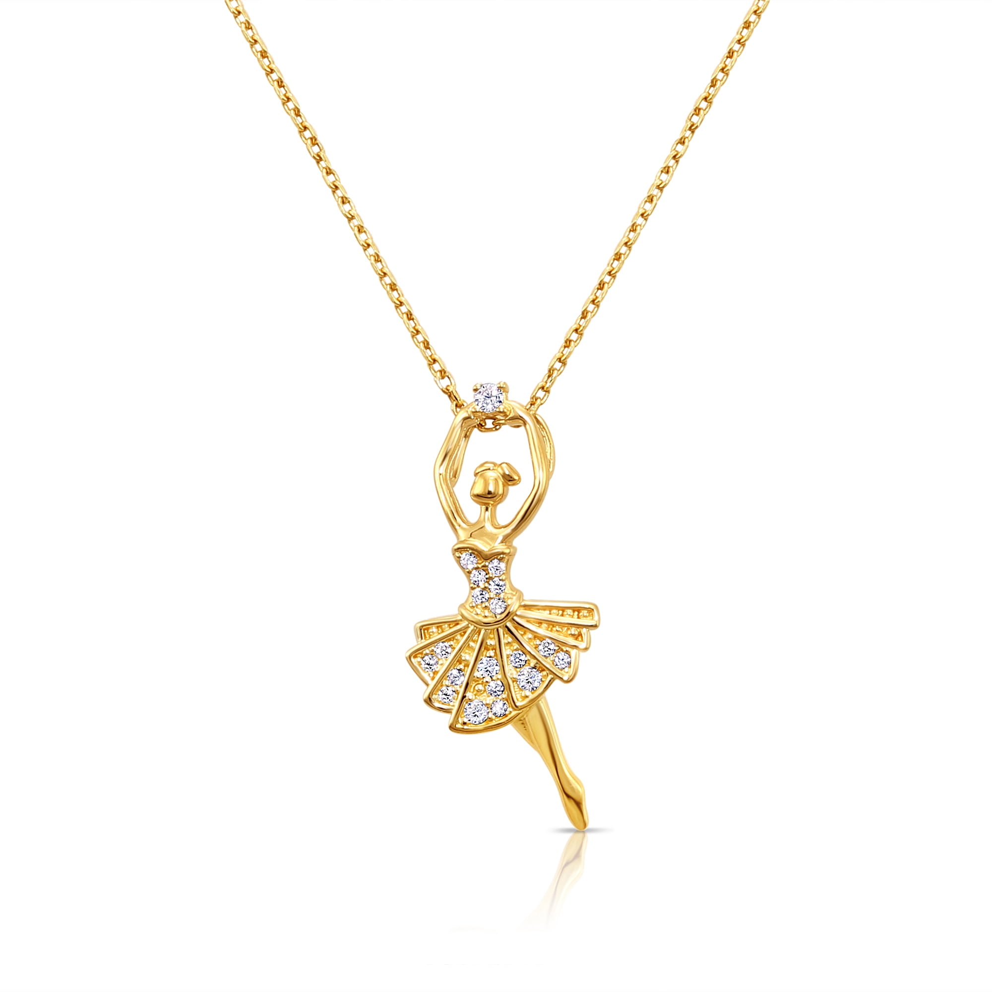 Tilo Jewelry 14K Yellow Gold Dainty Prima Ballerina Pendant Necklace with Cubic Zirconia CZ Stones for Women & Unisex | 18 Inch Cable Chain