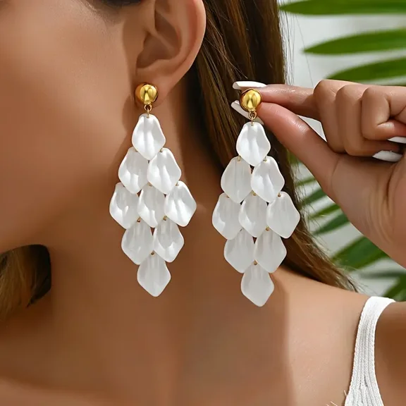 2 Pairs Elegant Long Layered Geometric Tassel Leaf Earrings for Women - Acrylic with Stainless Steel Posts, Perfect for Everyday & Party Wear