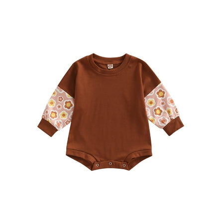 

Frobukio Infant Baby Girls Casual Romper Floral Print Patchwork Long Sleeve Crew Neck Jumpsuit Brown 6-12 Months