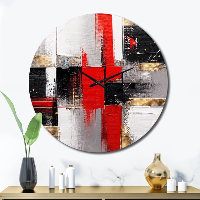 Designart "Cubic Abstract in Red and Gold I" Cubism Oversized Wall Clock