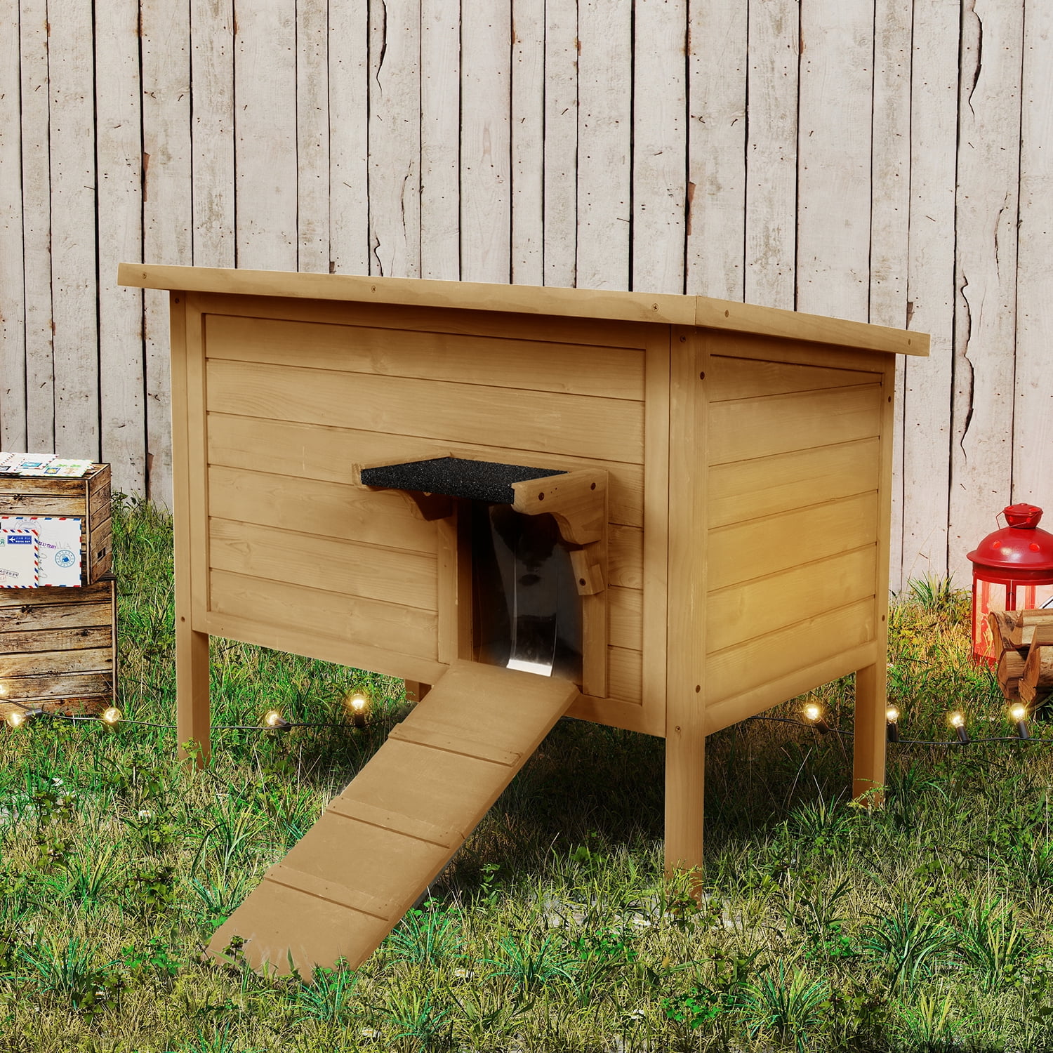 Hidpriva Insulated Wooden Outdoor Cat House, Weather-Resistant Feral Cat Shelter for Winter w/ Foldable Ladder & Visible Window, Brown