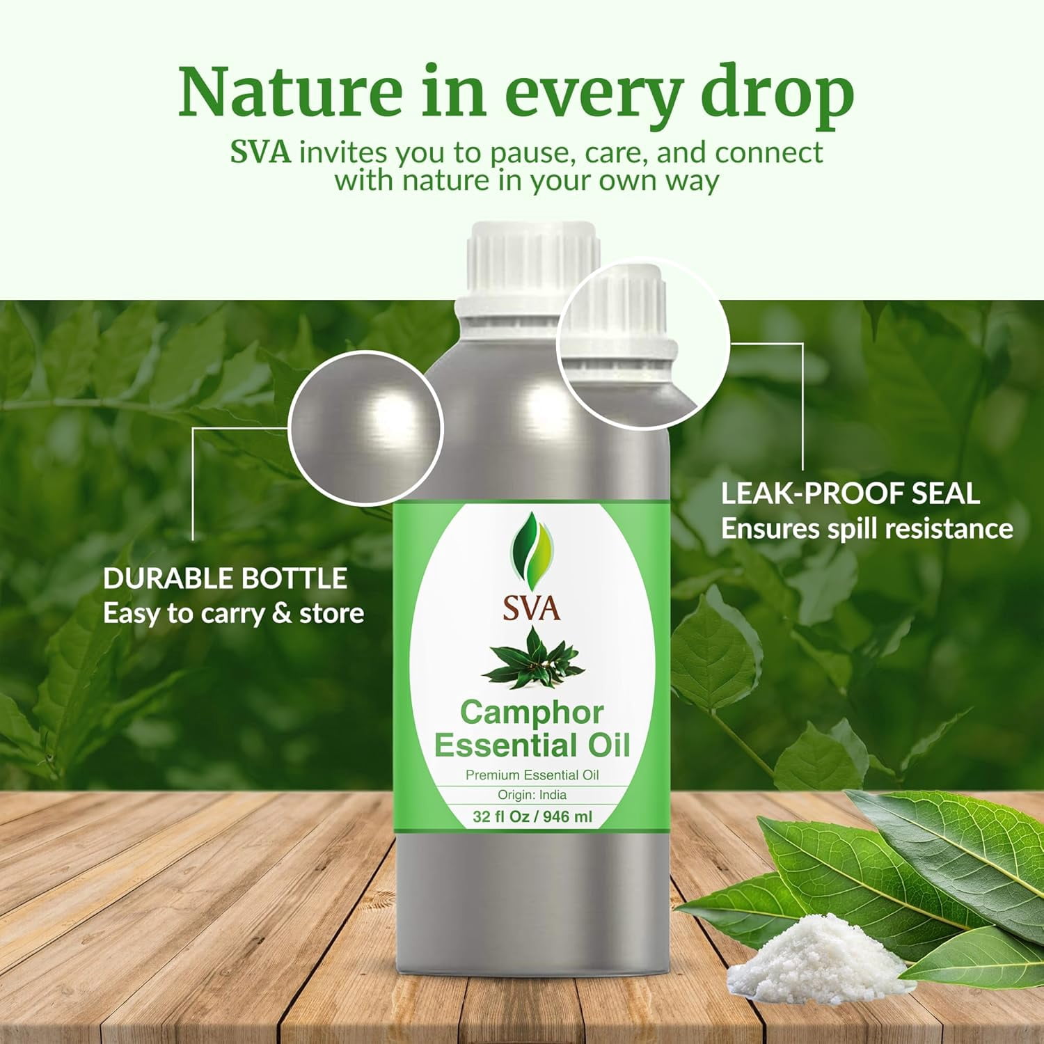 SVA Camphor Essential Oil – 32 Fl Oz – 100% Natural Camphor Oil - for Diffuser, Hair Care, Face, Skin Care, Aromatherapy, Scalp and Body Massage, Soap and Candle Making