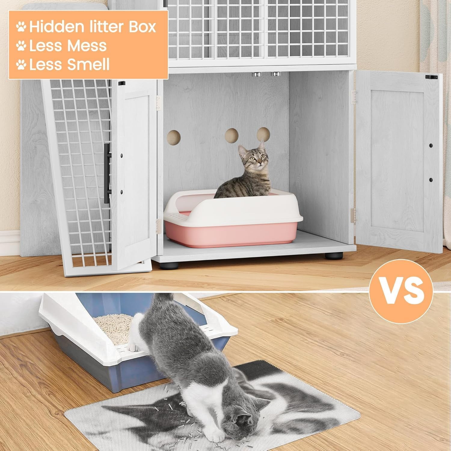 Modern Villa Litter Box Enclosure with Platform – Double Layer Hidden Furniture for Indoor Cats, Washroom Cat House with Ladder, 33.5" L x 17.9" W x 41.9" H, Stylish Enclosed Cat Litter Box