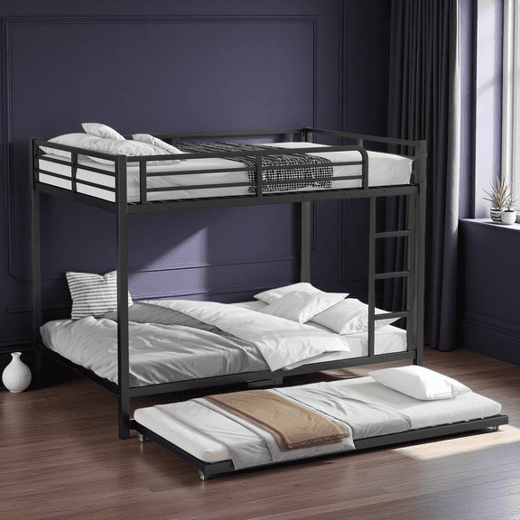 Full over Full Metal Bunk Bed with Twin Trundle, Heavy Duty Bunk Bed Frame with Slats, Noise Free, No Box Spring Needed, Black