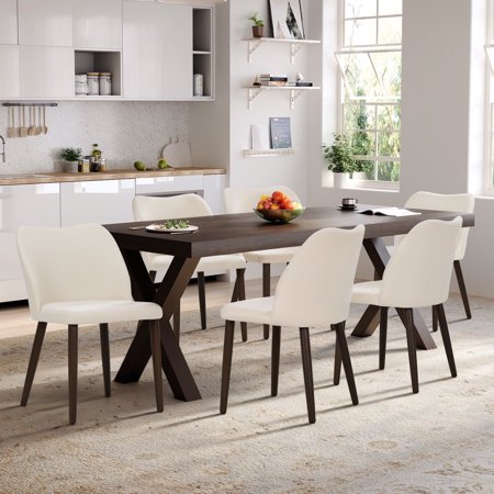 Modern Fabric Side Chairs with Cushioned Seat and Wooden Legs , Upholstered Dining Room Chairs Set of 6 for Kitchen, Café or Restaurant – Beige