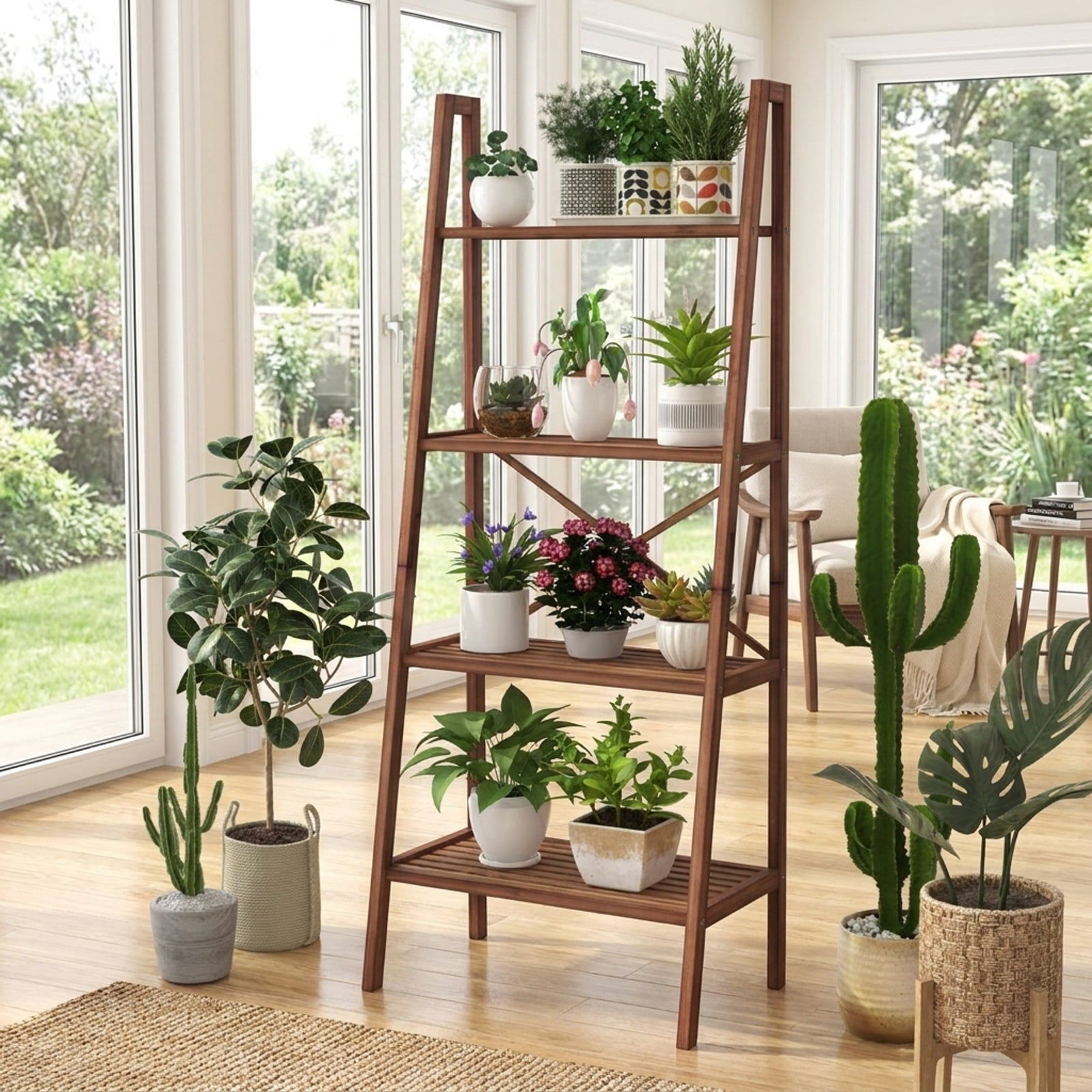 Furnibear 58 Inch 4-Tier Bamboo Ladder Bookshelf for Living Room Home Office Bedroom Display Storage Shelf, Walnut