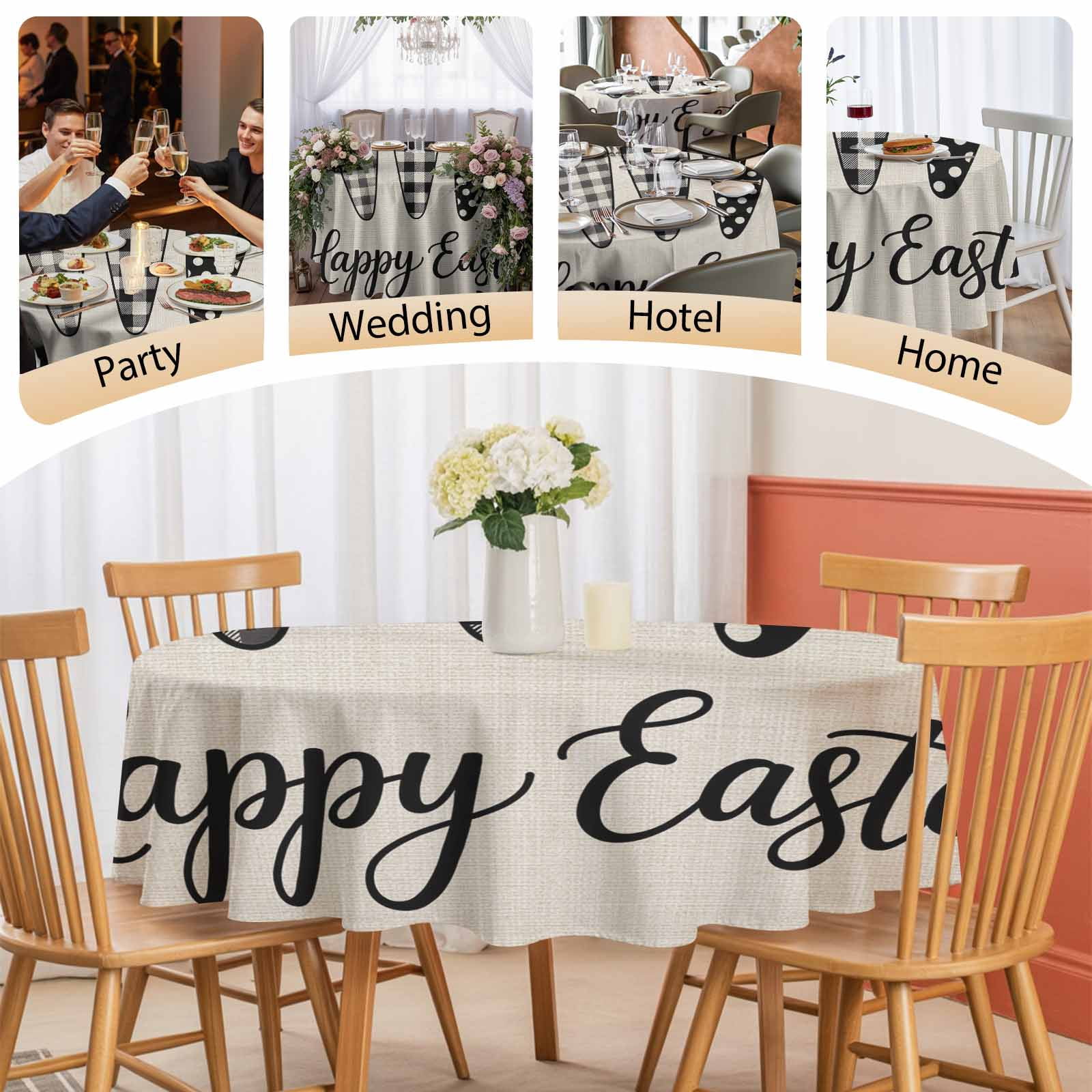 Round Tablecloth Happy Easter Waterproof Oil Proof Polyester Table Cloth Cover Decor for Home Dining Outdoor,Patio,Parties, 60" Dia. Farmhouse Plaid Carrots Linen