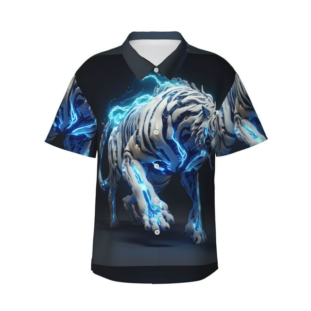 Balery Futuristic Blue Light White Tiger Camisas hawaianas de manga corta para hombre, camisas playeras de corte holgado, camisas de vacaciones con botones,3X-Large