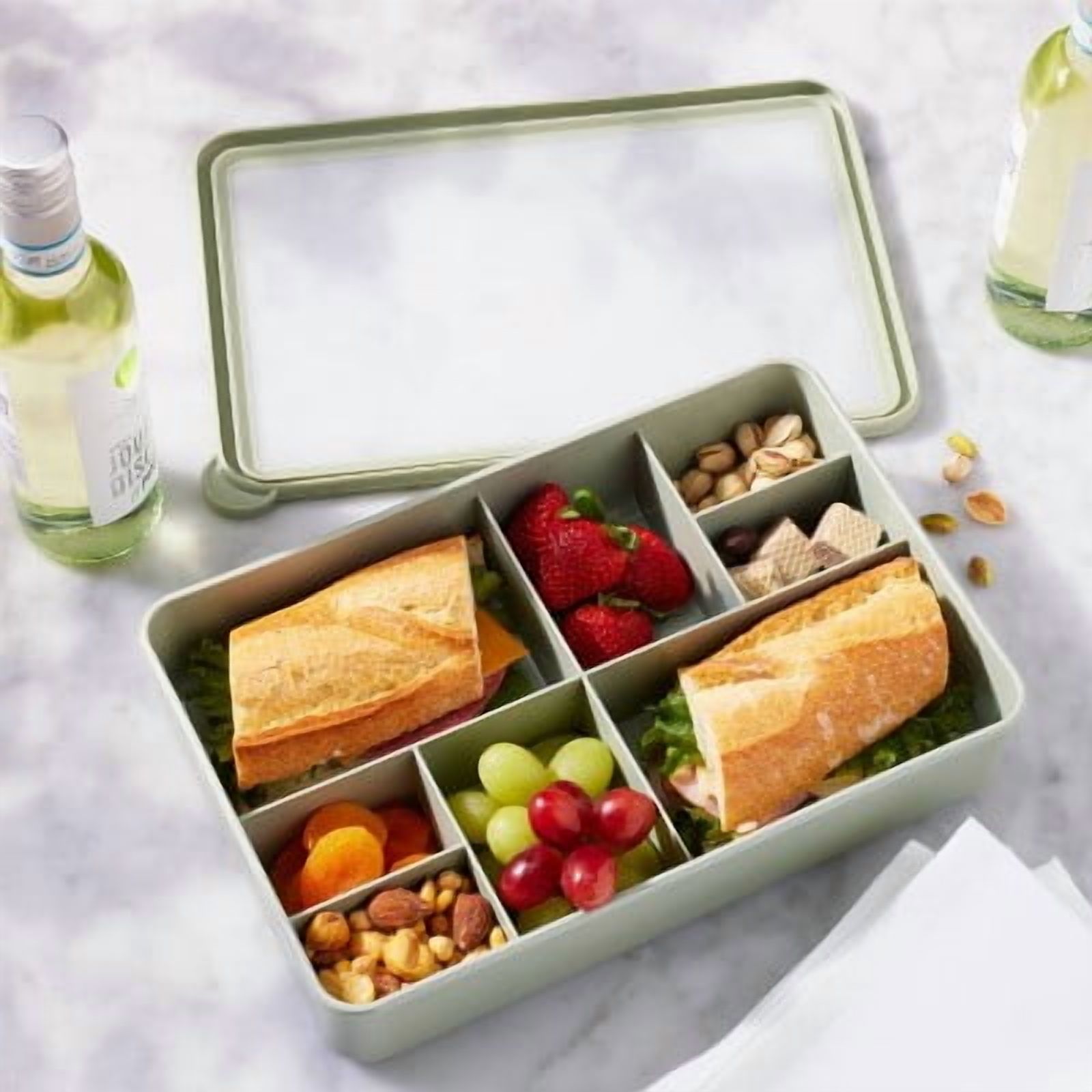 8 Compartment Large Plastic Snack Bento Box Sage Green - Recycled PET, Dishwasher & Microwave Safe