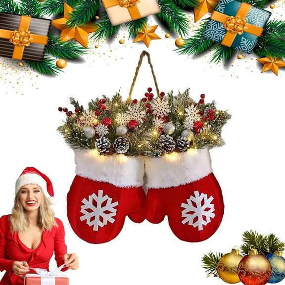 2026 New Twinkling Christmas Mitten Wreath, Twinkling Wreath with 120 LED Lights & 10H Auto Timer, Christmas Lighted Wreaths Front Door Artificial Garland for Party Wall Decoration (1/2PC)