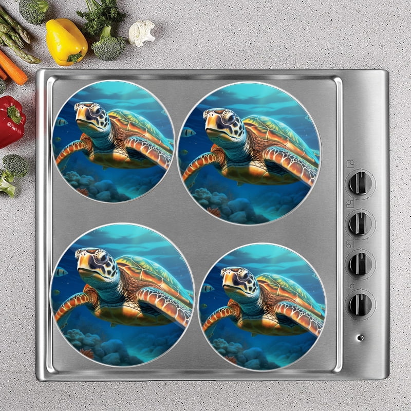 Bahomeck Electric Stove Burner Covers Set Of 4,Majestic Sea Turtle Gracefully Glides Through The Deep Blue Ocean Metal Gas Stove Burner Covers,Protecting Gas Stoves,8 Inch And 10 Inch