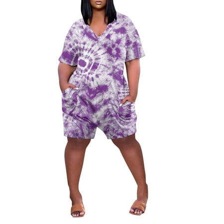 

Womens Rompers And Jumpsuits Short Sleeve V Neck Shorts Pocket Tie Dye Camouflage Print Romper Purple XXXXXL