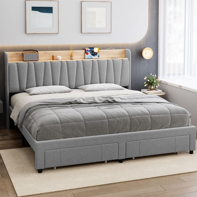 Bingirl Upholstered Bed Frame with Storage Headboard and Charging Station Platform Bed Frame with Drawers Heavy Duty No Box Spring Needed Easy Assembly Grey King Size