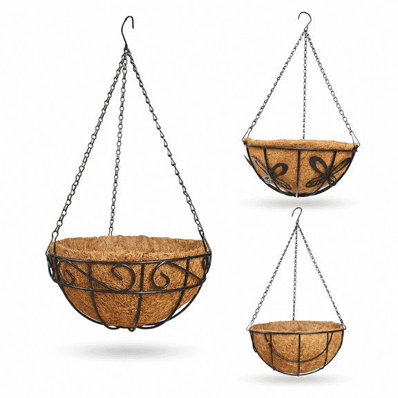 Diceymbol Black Metal Hanging Planter Basket with Swirl Cutouts and Coco Liner for Patio Yard Home Garden Decor 16 Inch