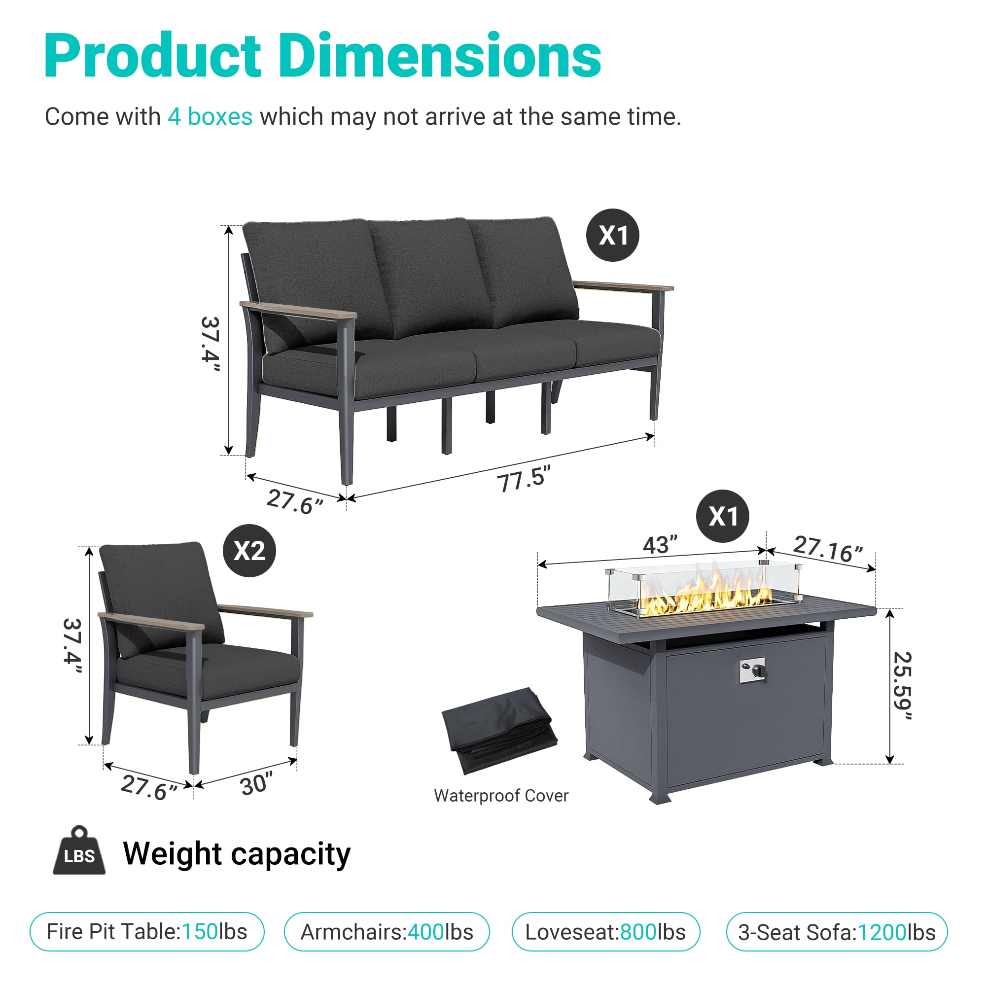 Muphyers 4 Piece Aluminum Patio Furniture Set, with 55000 BTU Propane Fire Pit Table, 5.1" Thick Cushions, Outdoor Conversation Sofa Set for Backyard Garden Deck,Black