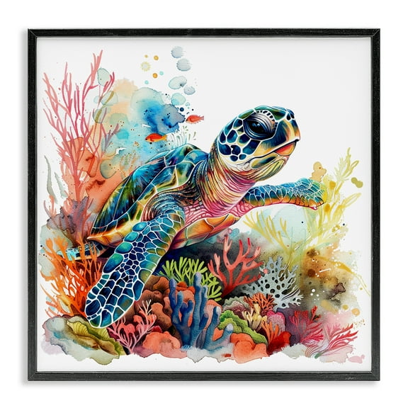 Stupell Industries Swimming Turtle Undersea Animals Painting Black Framed Art Print Wall Art, 12 x 12