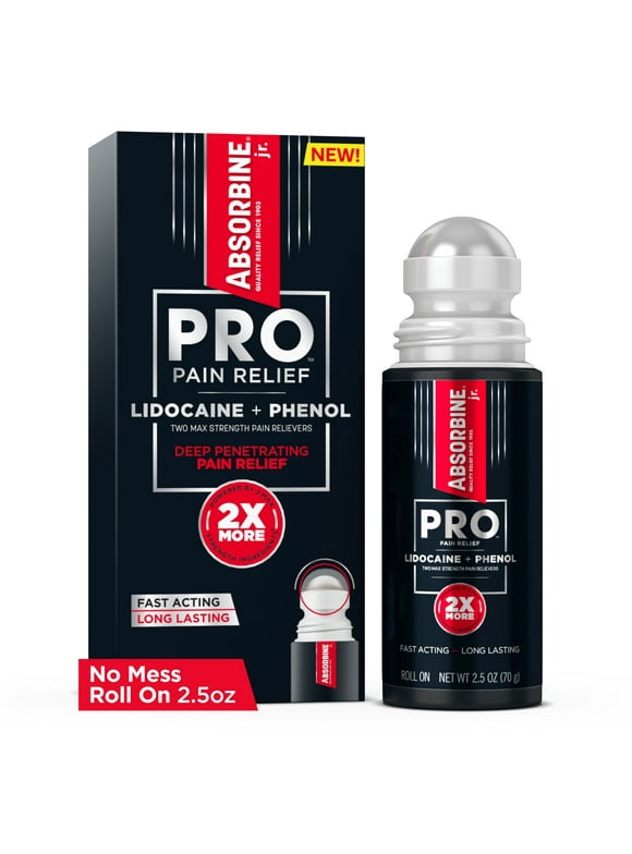 Absorbine Jr. Pro No-Mess Lidocaine Roll-On, Maximum Strength Numbing Pain Relief with Phenol for Fast-Acting Relief of Nerve Pain, Muscle Aches, and Joint Discomfort, 2.5 oz.