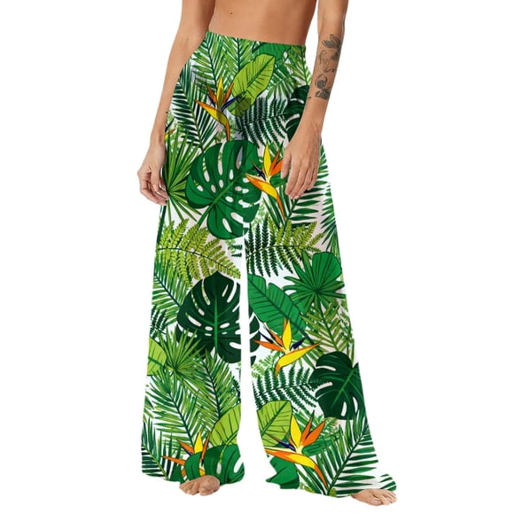 Women's Chiffon Lightweight Beach Cover Ups, Wide Leg Bohemian Pants, Flowy Printed Sun Protection Bottoms for Vacation, Breathable Summer Trousers