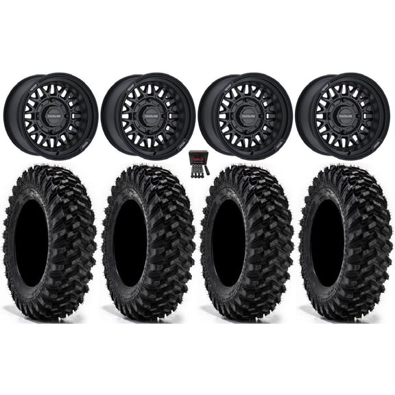 Raceline Omega 14" Wheels Black 34" Warrior XT Sticky Tires Can-Am Maverick X3 / Honda Pioneer 1000 / Talon