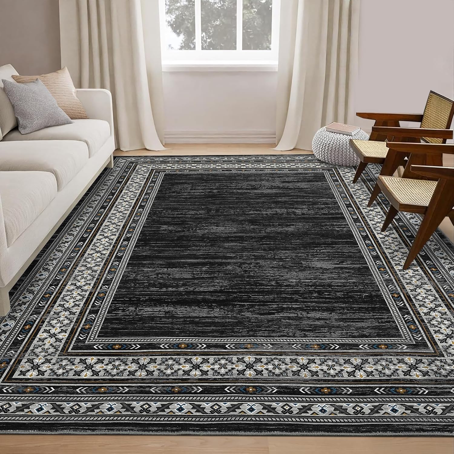Memoryfield 9'x12' Area Rug, Modern Bordered Washable Rugs Soft Foldable Accent Rugs for Indoor Living Room Bedroom, Black