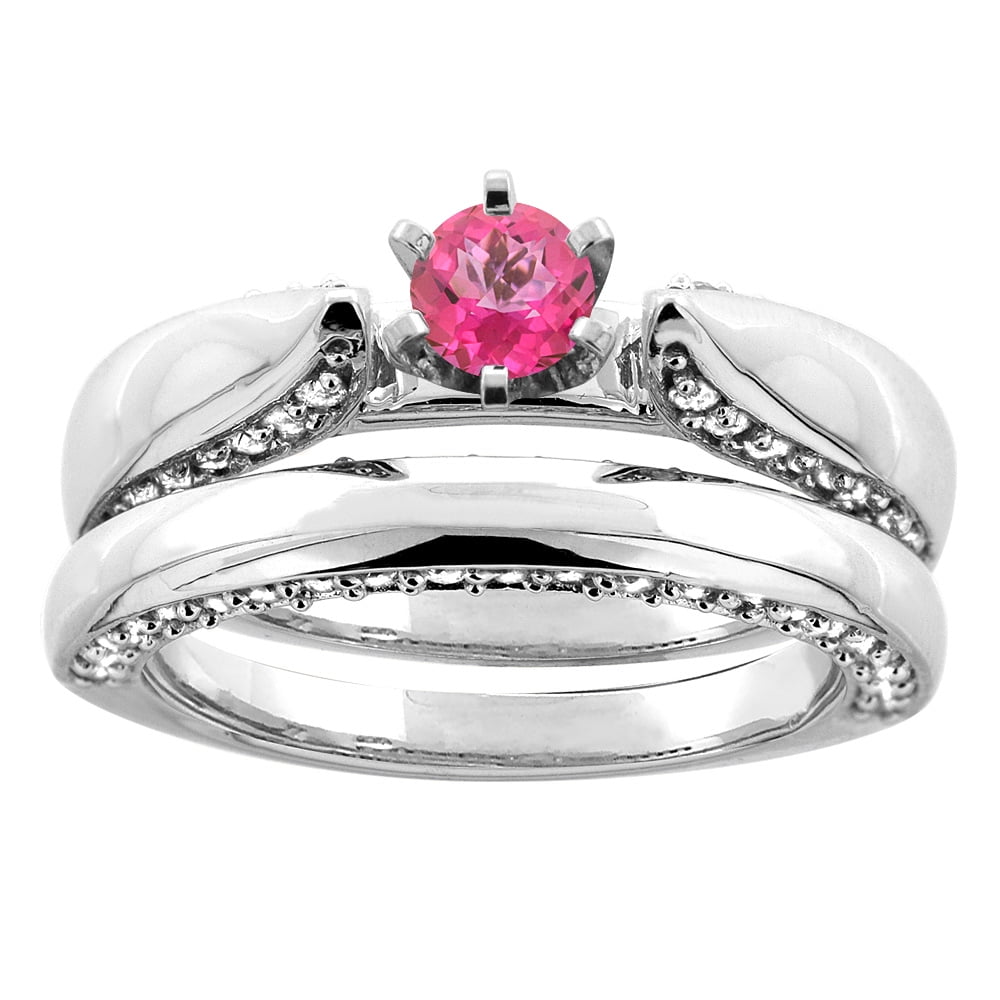 10K White Gold Natural Pink Topaz 2-piece Bridal Ring Set Diamond Accents Round 5mm, size 5.5 by Gabriella Gold