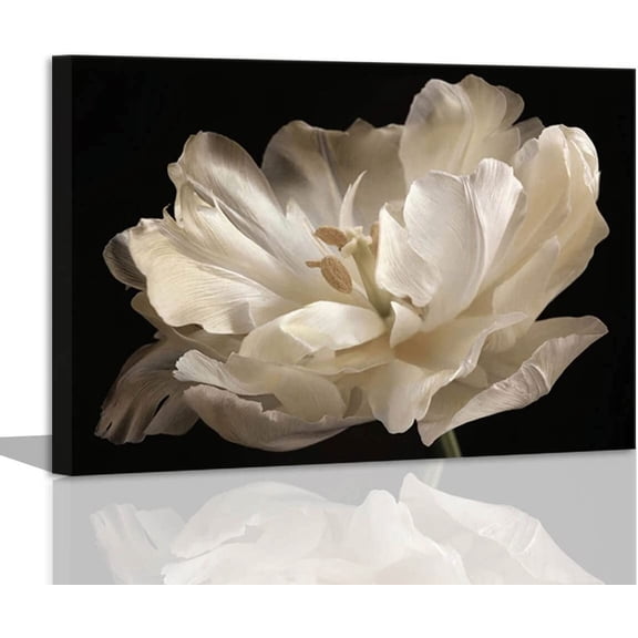 Black Bathroom Decor - White Tulip on Black Background Modern Canvas Wall Art Bathroom Decor Wall Art Black Decor Bathroom Pictures Black and White Wall Art Artwork for Home Walls Framed 12x16inch