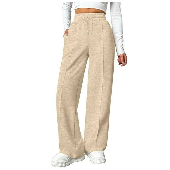 TRUBKH Fleece Pants Women High Waisted Pants for Women Pants for Women Trendy Cotton Leggings Plaid Leggings for Women Fleece Joggers for Women Sweatpants for Women Beige L