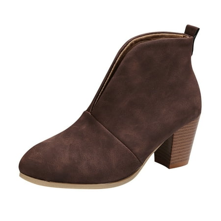 YHGFVOKJ Boots for Women Thick Heel Short Leather Heel Fashion Mid Calf Pull On Open Ankle Boots Children Boots Shoes Riding Boots for Women Coffee 40