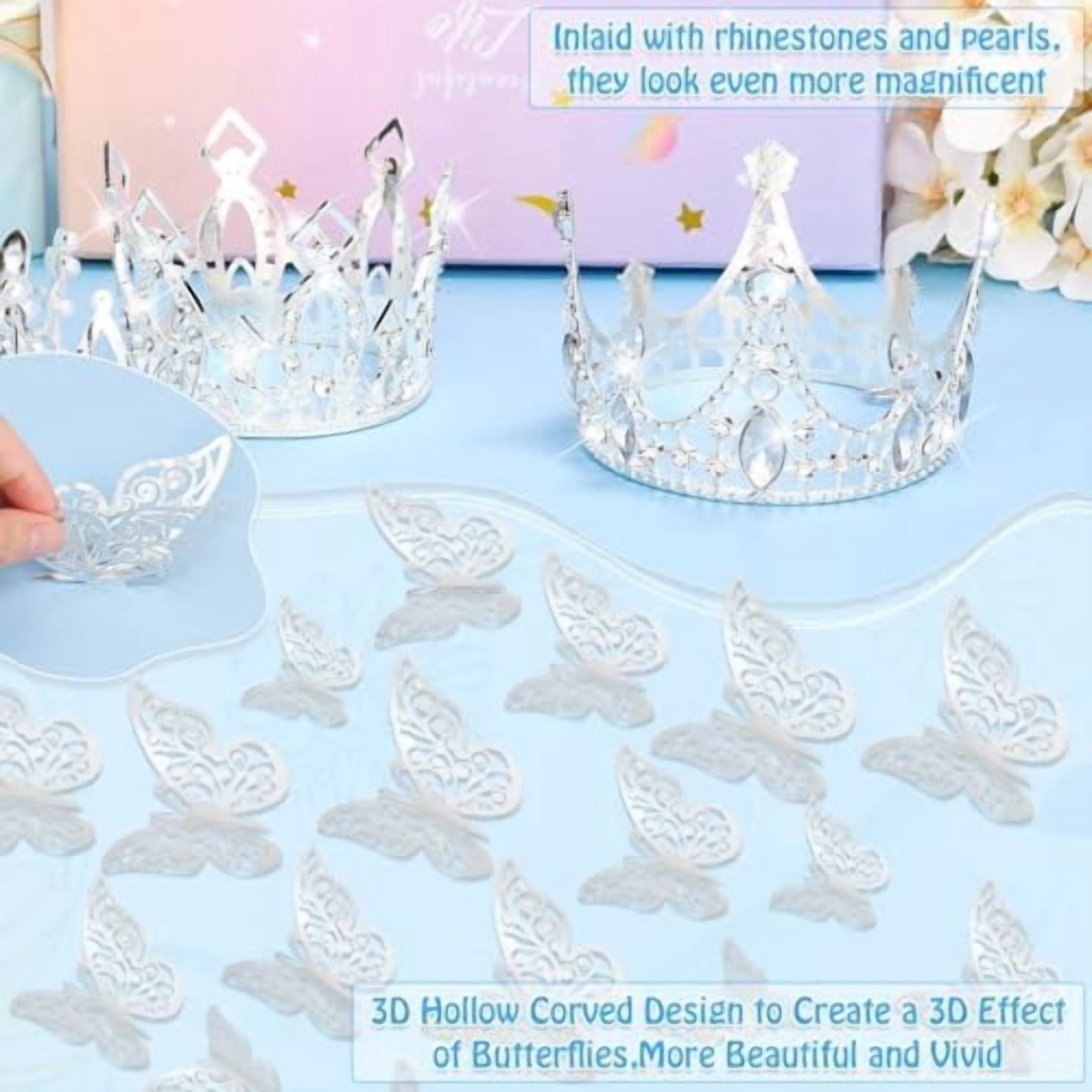 cridoz Flower Bouquet Accessories Including 4 Pcs Silver Crowns, 12 Pcs Butterfly Decorations and 50 Pcs Flower Pins for Flower Bouquets and Cake Topper Decoration