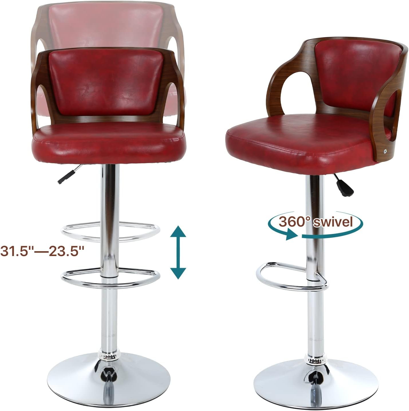 Dkelincs Bar Stools Set of 2, Adjustable Counter Height Stool Swivel Kitchen Dining Chairs with Backrest & Arms, Red