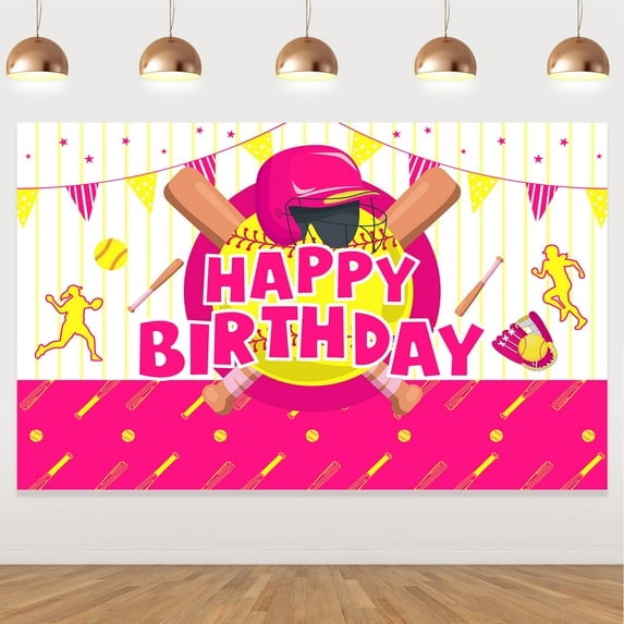 Softball Themed Birthday Backdrop 4.9ft*3.2ft Happy Birthday Photo Background Decor Supplies for Girls Sports Birthday Party Decorations