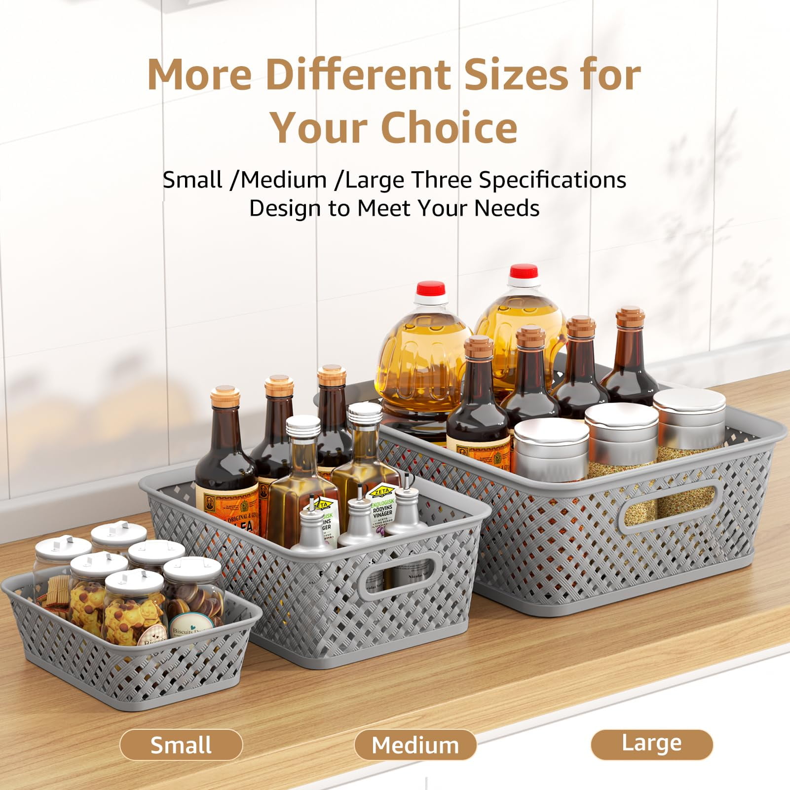 MaxGear 3 Pack Storage Bins with Handles, Plastic Organizer Baskets for Home Organization, Grey Woven Storage Containers for Shelves, Large
