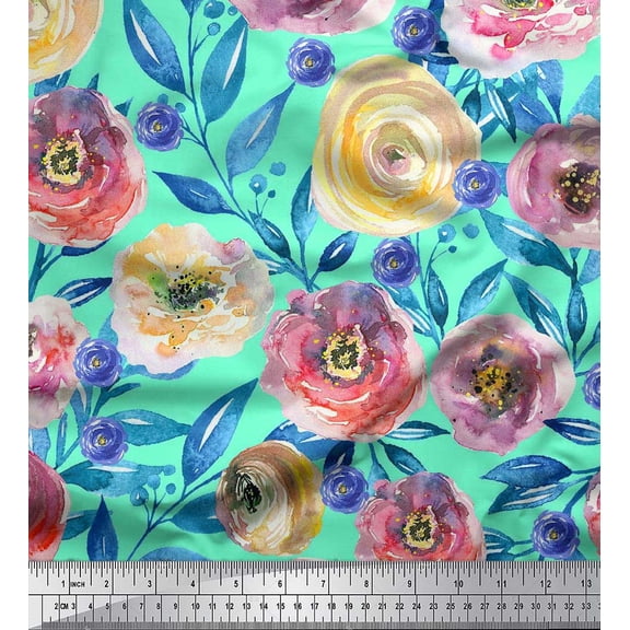Soimoi Green Cotton Duck Fabric Leaves & Pink Floral Print Fabric by Yard 42 Inch Wide