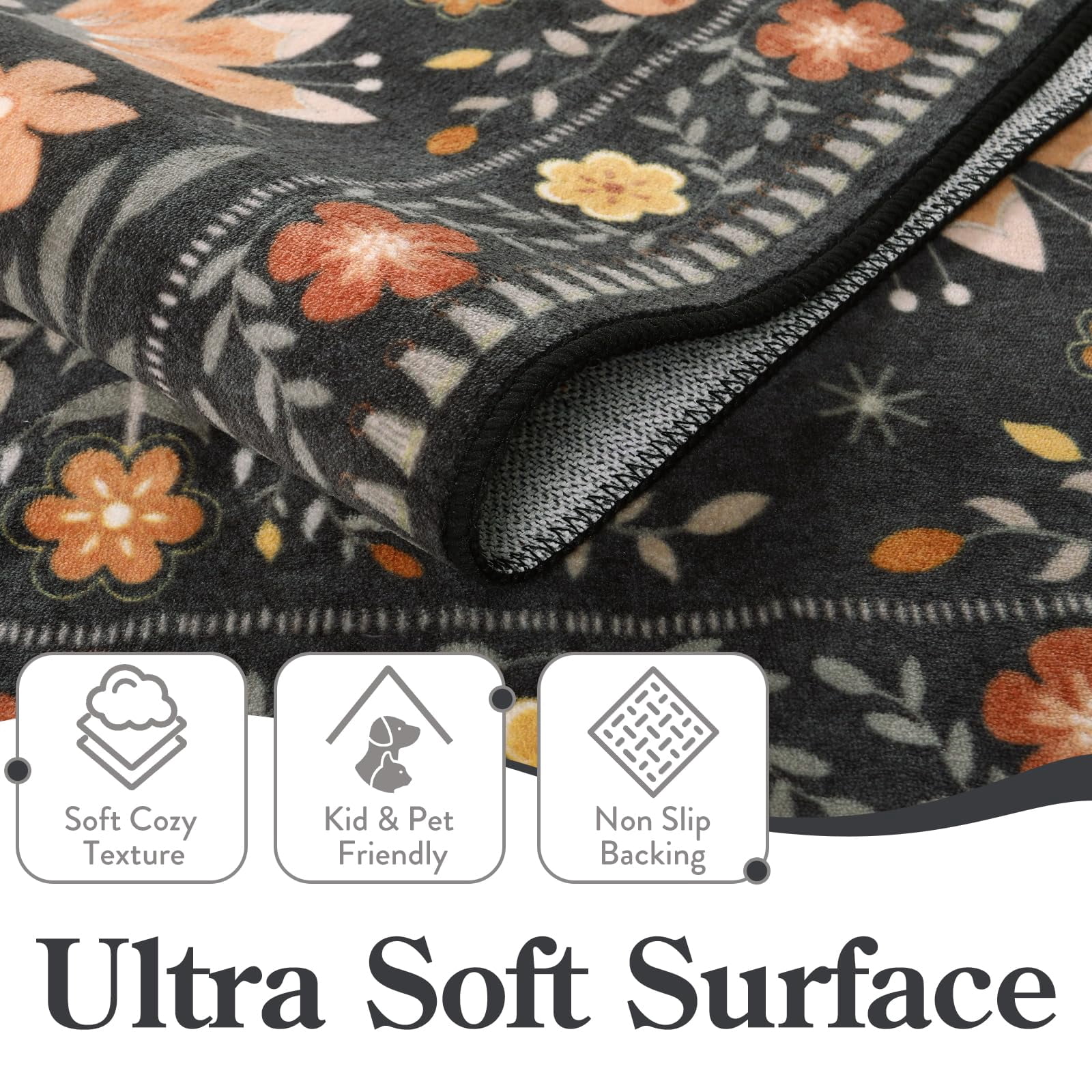 Lahome Decor 3'x5' Boho Bird Area Rugs,Floral Rug for Living Room Machine Washable,Soft Indoor Carpet,Non-Slip Low Pile for Bedroom Entrance Kitchen Office,Black