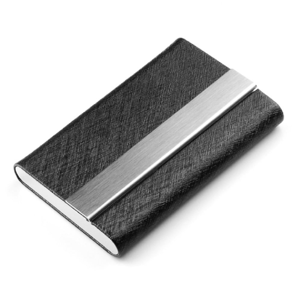 PU Leather Stainless Steel Name Business Card Case Holder Storage Black Jewelry 