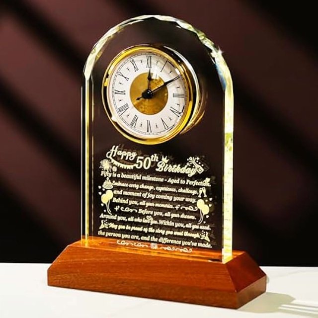 wonima44 Happy 50th Birthday Glass Clock Gifts for Women, Men - 50 Year Old Birthday Gift with Wooden Light Base for Her Him, Turning 50 Quartz Clock Gift Idea for Mom Dad Unique Decoration