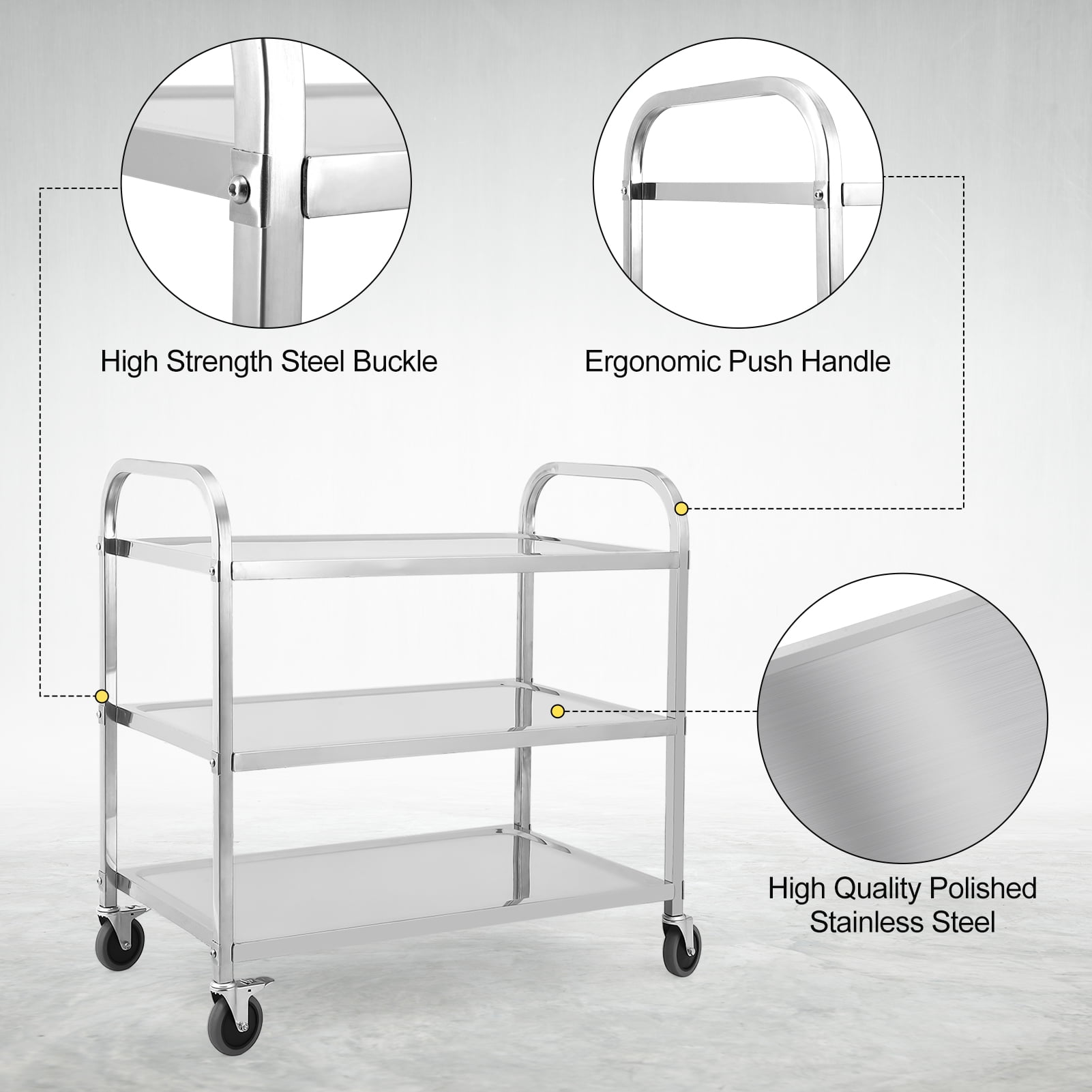 3 Tier Heavy Duty Trolley Rolling Cart, Stainless Steel Utility Cart with Handle and Locking Wheels, for Kitchen, Restaurant, Hospital, Laboratory and Home