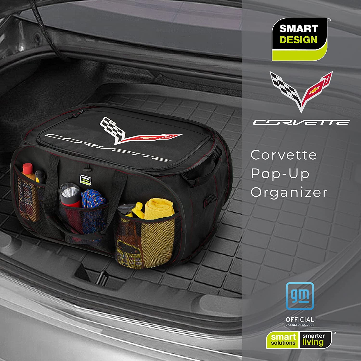 Pop Up Trunk Organizer w/ Easy Carry Handles, Side Pockets, & Zipper Top - 23 Inch - Holds 50 lbs - Corvette