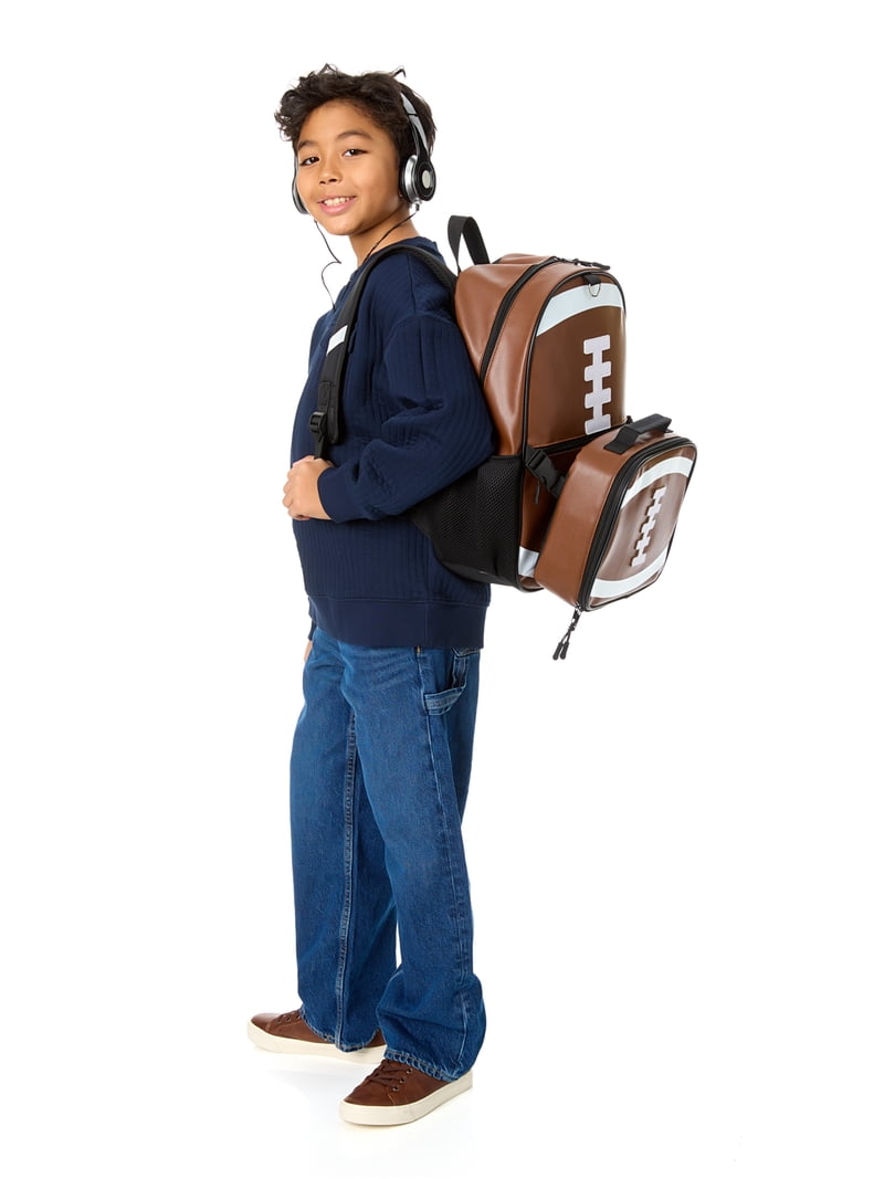 HUGS IDEA 3D Football Backpack Set – Cool School Bag & Lunch Bag For Boys & Kids, Black & White Style