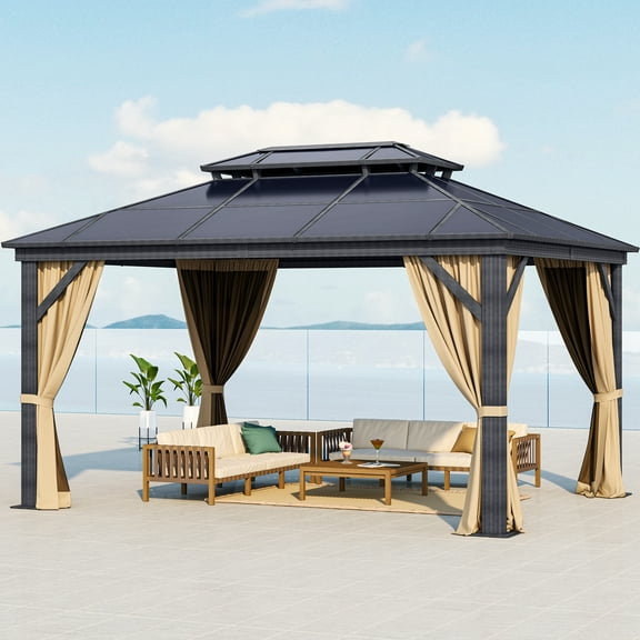 Dextrus 10'x12' Outdoor Hardtop Polycarbonate Gazebo with Nettings & Brown Curtains,Heavy Duty Double Roof Aluminum Frame Polycarbonate Canopy, Sunshade for Garden, Patio, Lawns, Black&Brown