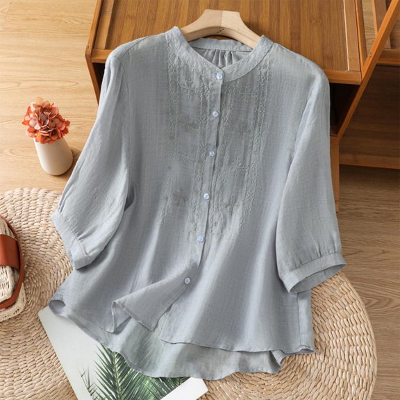 Ounisa Shirts for Women Summer Embroidered Cotton Linen Blouse 3/4 Sleeve Stand Up Collar Top Vintage Boho Causal Button Shirt