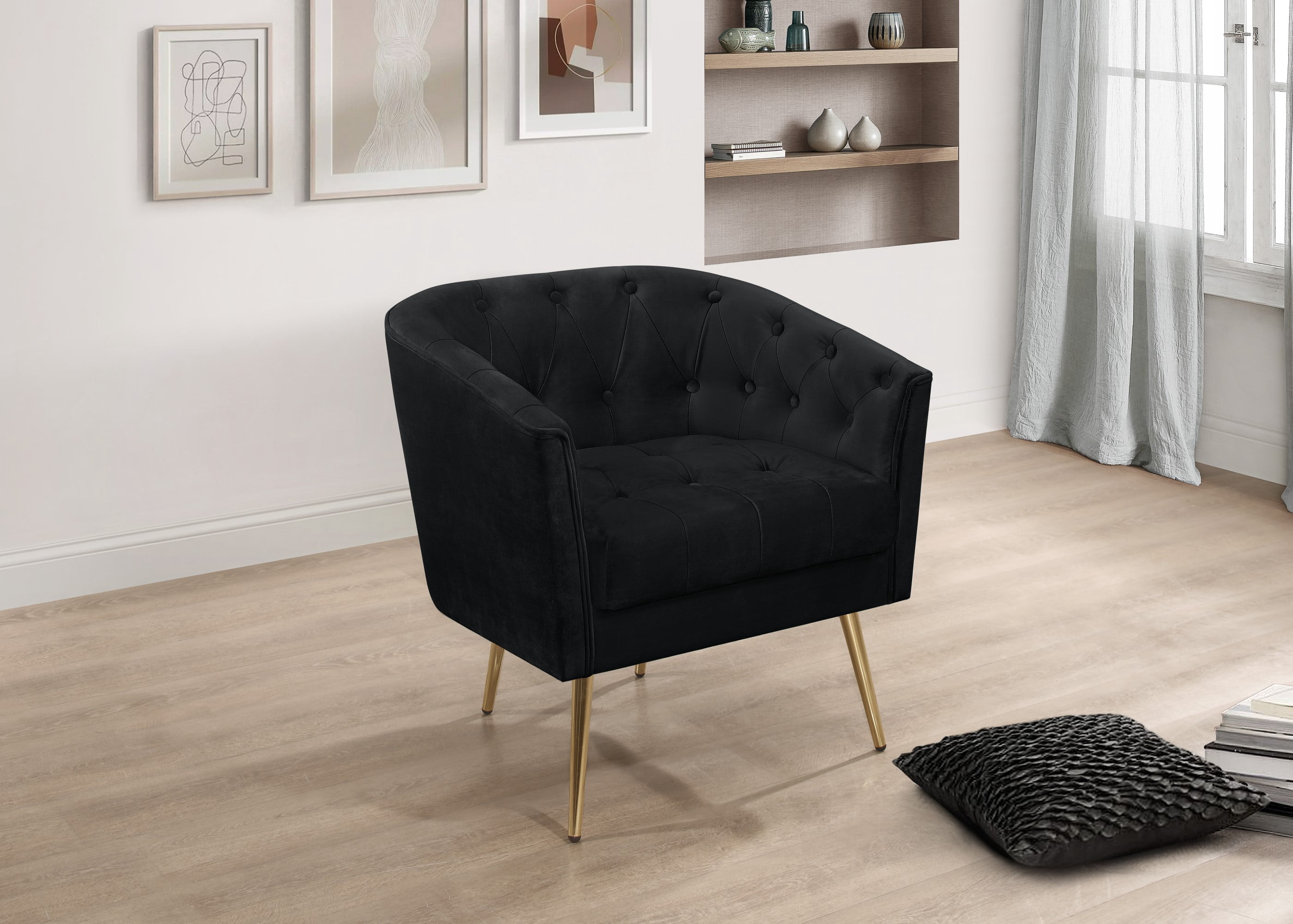 Home Design Cassy Tufted Velvet Flared Arm Chair with Ottoman Stool, Gold Metal Legs and Modern Accent Seating