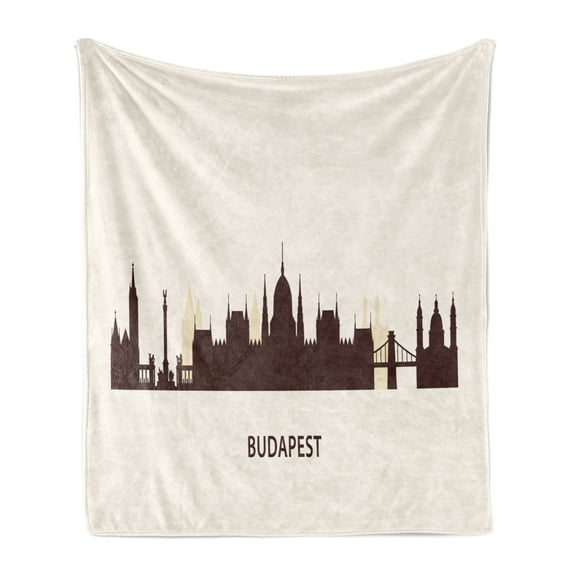 Hungary Soft Flannel Fleece Blanket, Silhouette of Budapest City Famous Eastern European Architecture Panorama, Cozy Plush for Indoor and Outdoor Use, 70" x 90", Seal Brown and Ivory, by Ambesonne