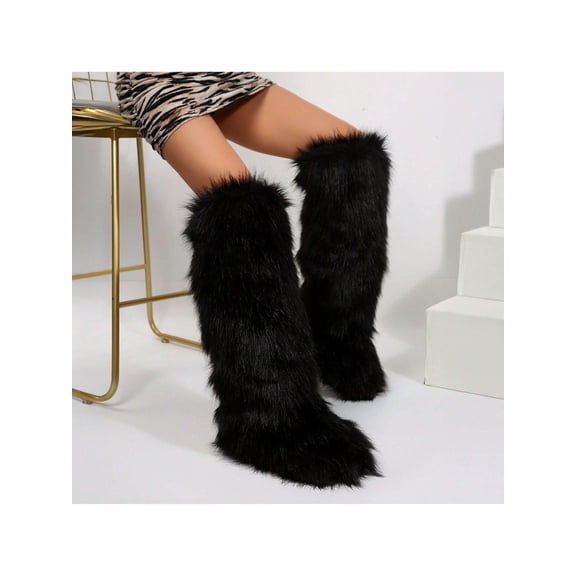 Fuzzy Winter Boots for Women, Warm Snow Shoes with Mid Calf Design and Comfortable Grip